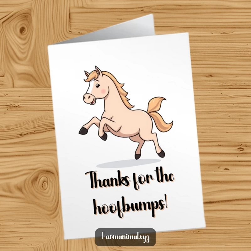 Funny Free Printable Thank You Card of a horse kicking its legs in a playful gallop, offering a spirited thank you. A downloadable thank you gallop.