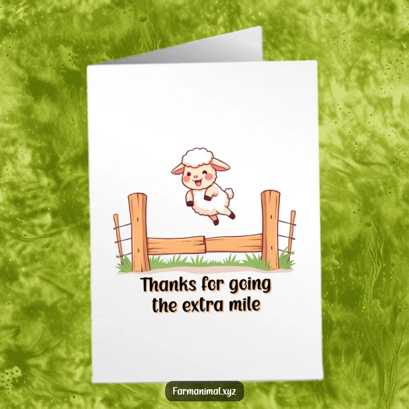 Funny Free Printable Thank You Card: Giggling sheep taking a determined leap over a fence, expressing heartfelt thanks.
