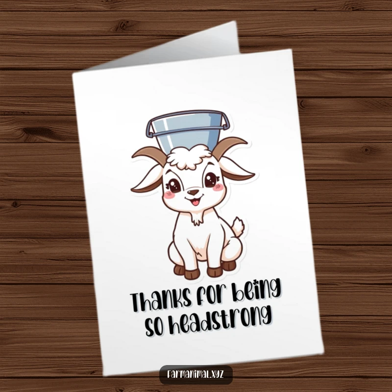 Funny Free Printable Thank You Card: A playful goat demonstrates incredible balance, holding a bucket steady atop its head. A unique way to say thanks!