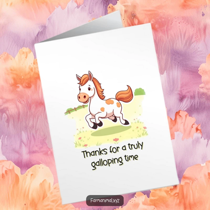 Funny Free Printable Thank You Card: A happy horse kicks its heels in a field, sending a joyful message of thanks. Print and share!