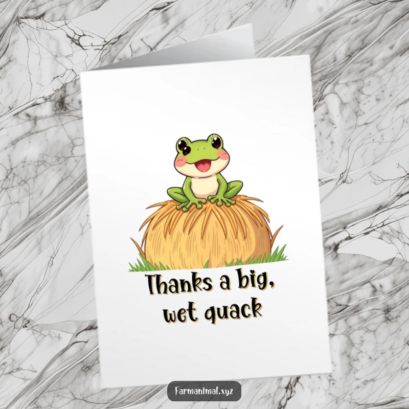 Funny Free Printable Thank You Card with a playful frog croaking loudly on a hay bale, expressing sincere thanks.