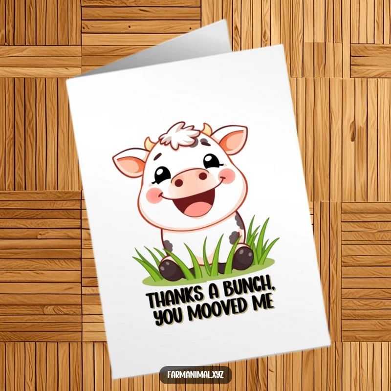 Funny Free Printable Thank You Card: Happy cow with a wide, satisfied grin enjoying a tasty patch of grass