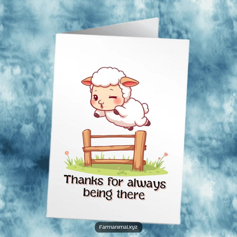 Funny Free Printable Sheep Thank You Card: A sheep leaping a fence, expressing thanks with energetic and humorous gratitude.