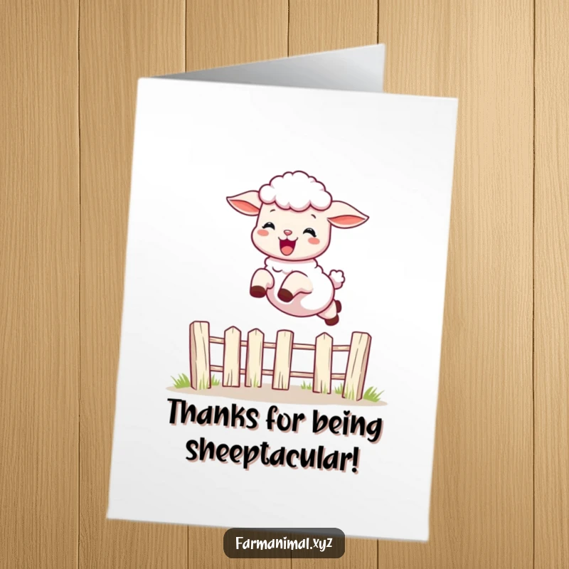 Funny Free Printable Thank You Card: Playful lamb leaps with delight over a fence, offering thanks.