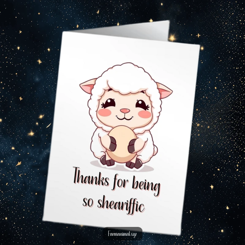 Funny Free Printable Thank You Card: A content sheep with a peaceful smile, chewing cud and saying thank you.