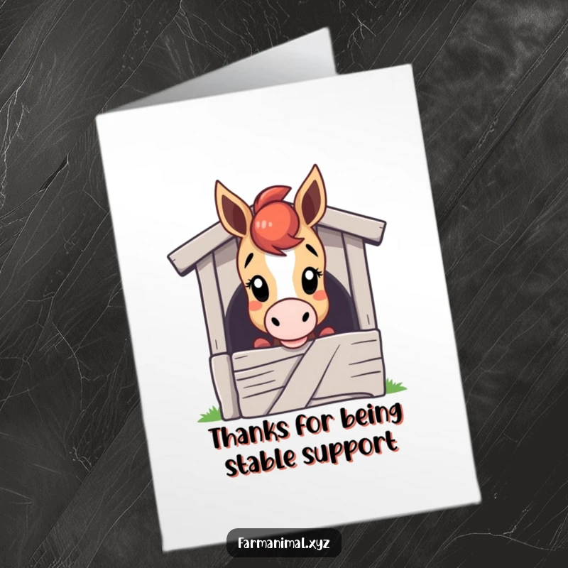 Funny Free Printable Thank You Card: Horse with head over stable door, curious and thankful, downloadable gift.