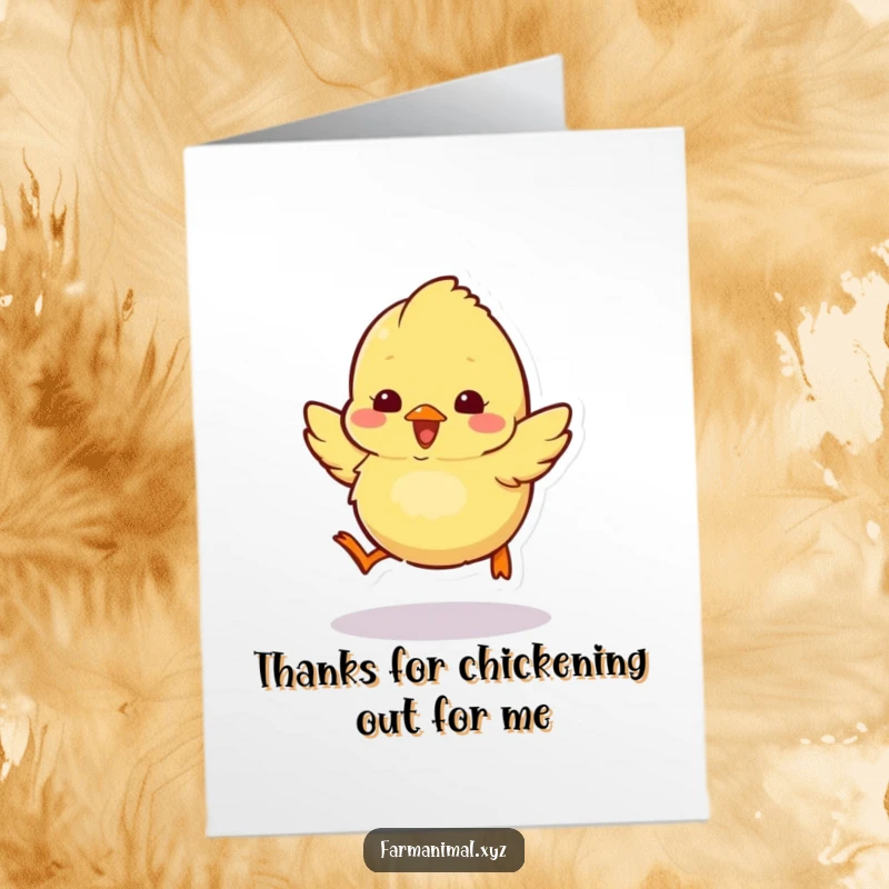 Funny Free Printable Chick Thank You Card: Fluffy chick character hopping excitedly, conveying bubbly and enthusiastic thanks.