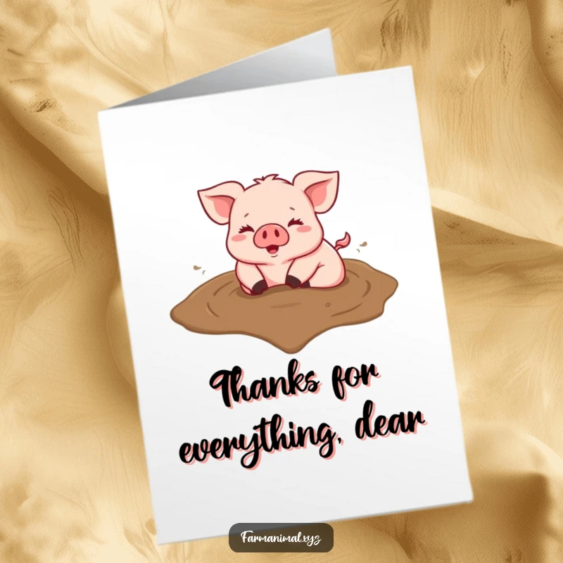 Funny Free Printable Thank You Card: Happy pig rolling in a heart-shaped mud puddle, expressing gratitude with messy delight.