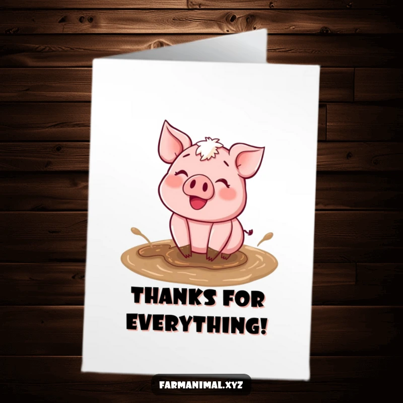 Funny Free Printable Thank You Card: Happy pig character wallowing in mud, expressing thanks, DIY card.