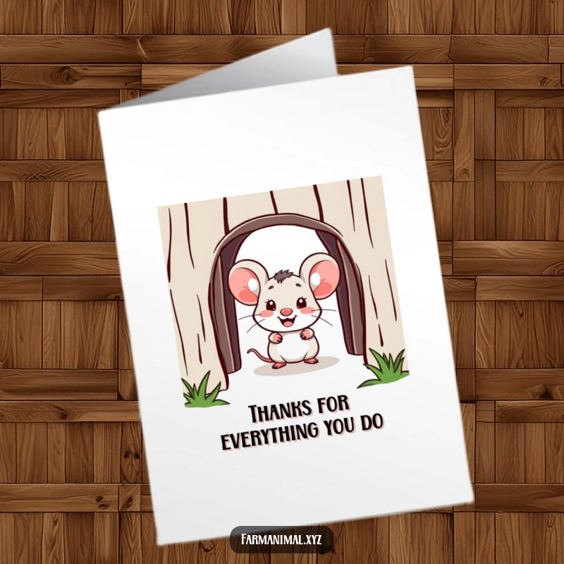 Funny Free Printable Thank You Card showing a cheerful mouse peeking from a barn door, expressing gratitude with a smile.