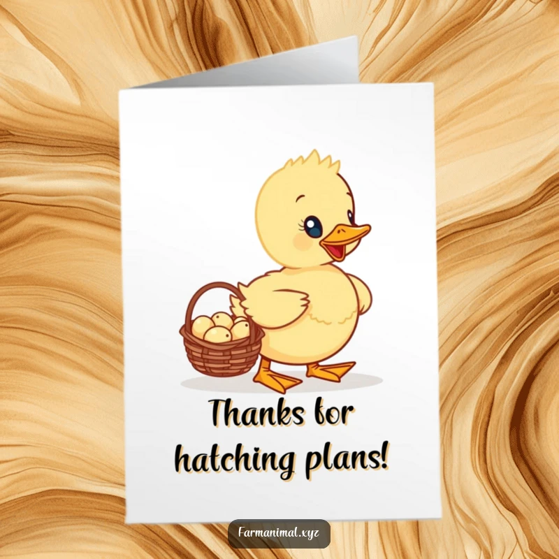 Funny Free Printable Thank You Card: A proud duckling waddles with a basket of tiny eggs, conveying thanks humorously.