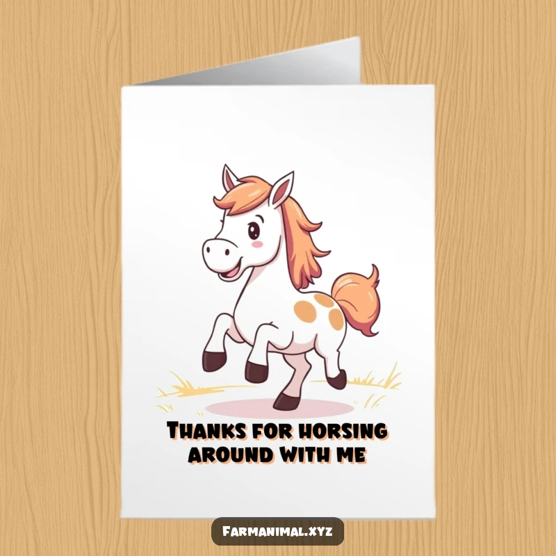Funny Free Printable Thank You Card: A happy horse kicks up its heels in a grassy field, expressing sincere thanks with joyful movement.