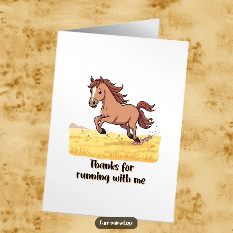 Funny Free Printable Thank You Card: A horse galloping with purpose across a field, conveying a powerful and heartfelt thank you message.