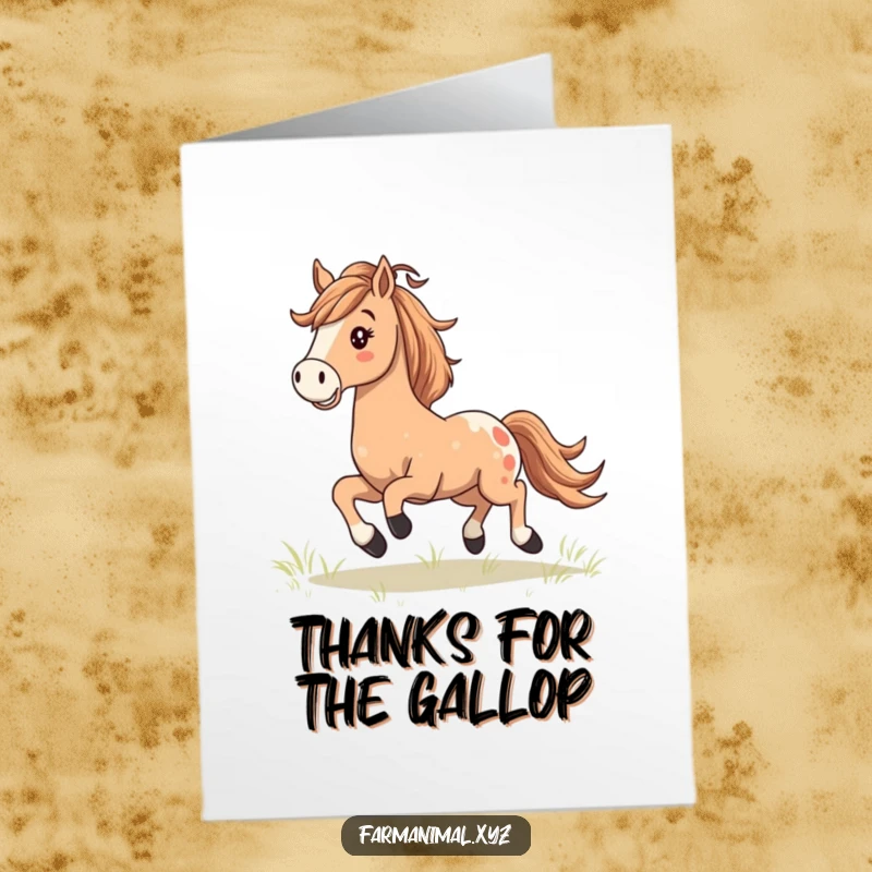 Funny free printable thank you card depicting a happy horse with a flowing mane, galloping gracefully across a field.