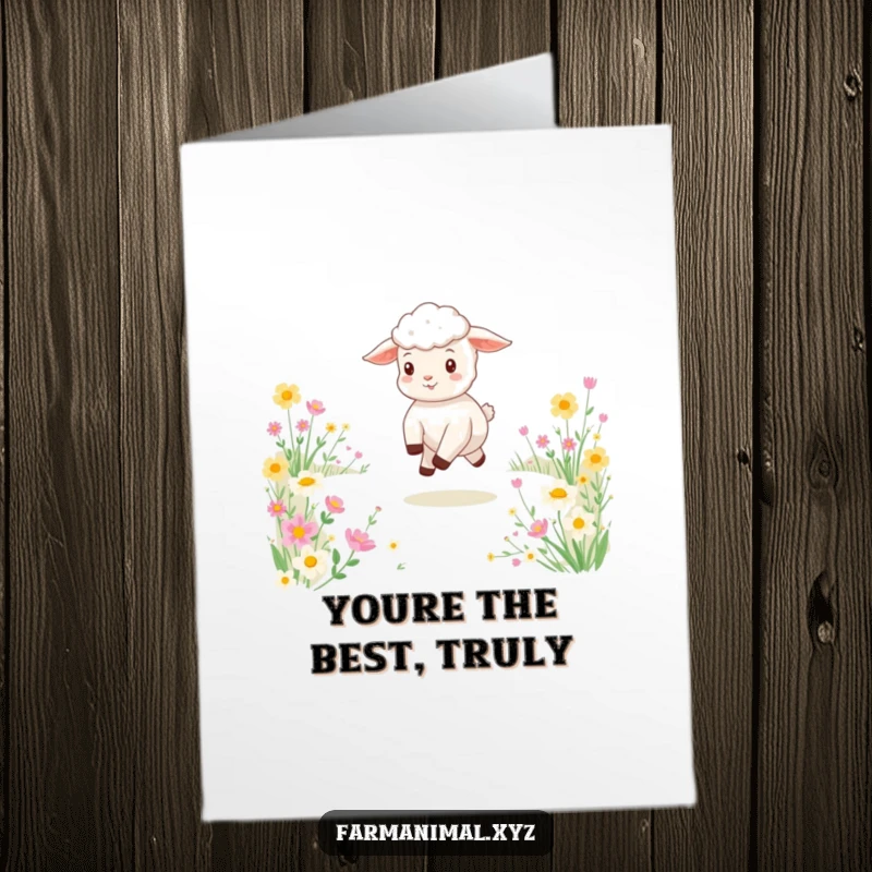 Funny Free Printable Thank You Card with a delighted lamb frolicking in a field of blossoms, expressing sincere thanks.