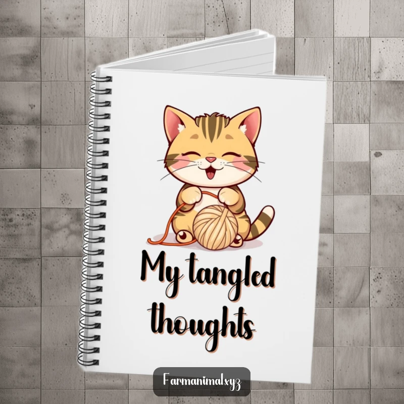 Funny Barn Cat Notebook with a playful cat batting a ball of yarn, great for writing.