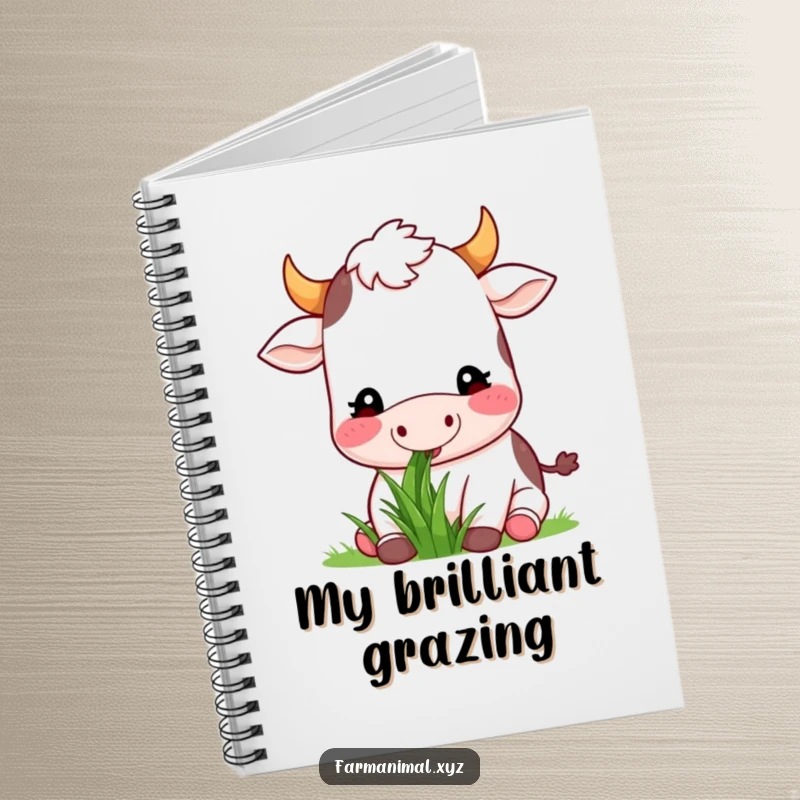 Funny happy cow munching contentedly on the cover of a notebook, a humorous and practical farm animal stationery item.