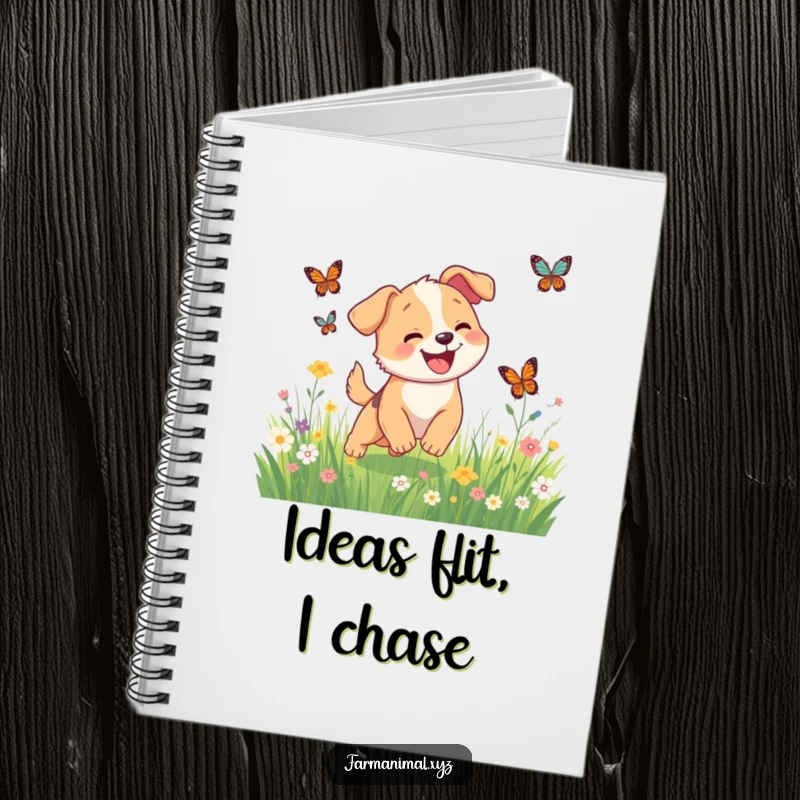 Funny happy dog chasing butterflies on a notebook cover, a cheerful and humorous design.