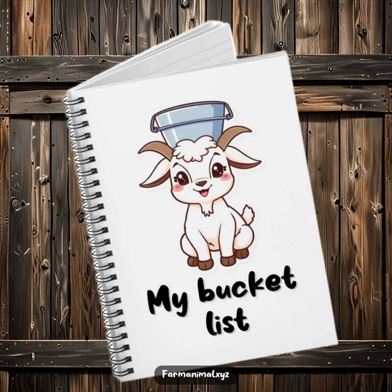 Funny goat character balancing a bucket on its head, a lined notebook for writing and drawing. Inspires focus.