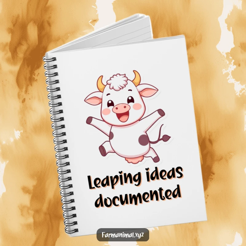 Funny jumping cow notebook, joyfully leaping, a vibrant cover for all your notes and ideas.