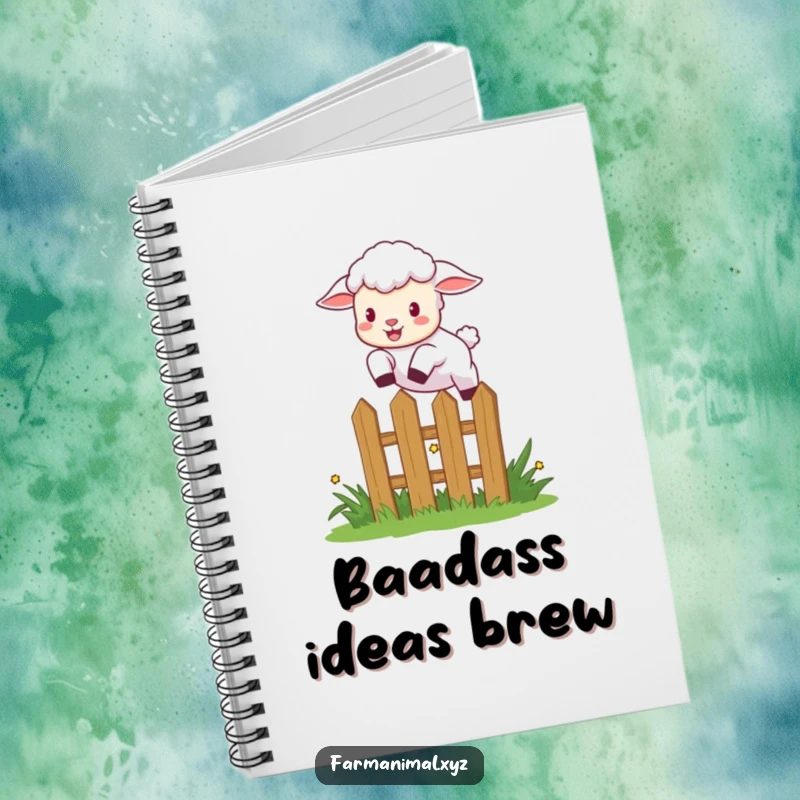 Funny lamb leaping over a small garden fence with excitement, a cute and humorous notebook for everyday use.