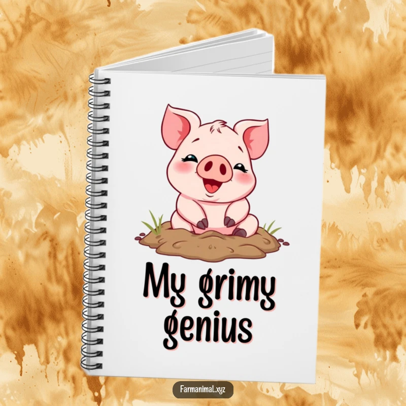 Funny cheerful piglet happily covered in mud on the cover of a notebook, a humorous and practical farm animal stationery item.