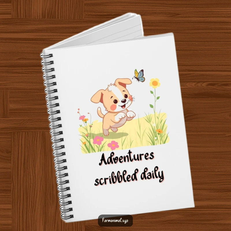 Funny puppy notebook featuring a playful dog chasing a butterfly in a sunny meadow, inspiring cheerful writing.
