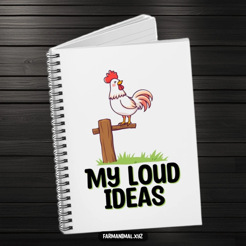 Funny rooster character proudly crowing atop a fence post, a lined notebook for writing and drawing. Inspires new beginnings.