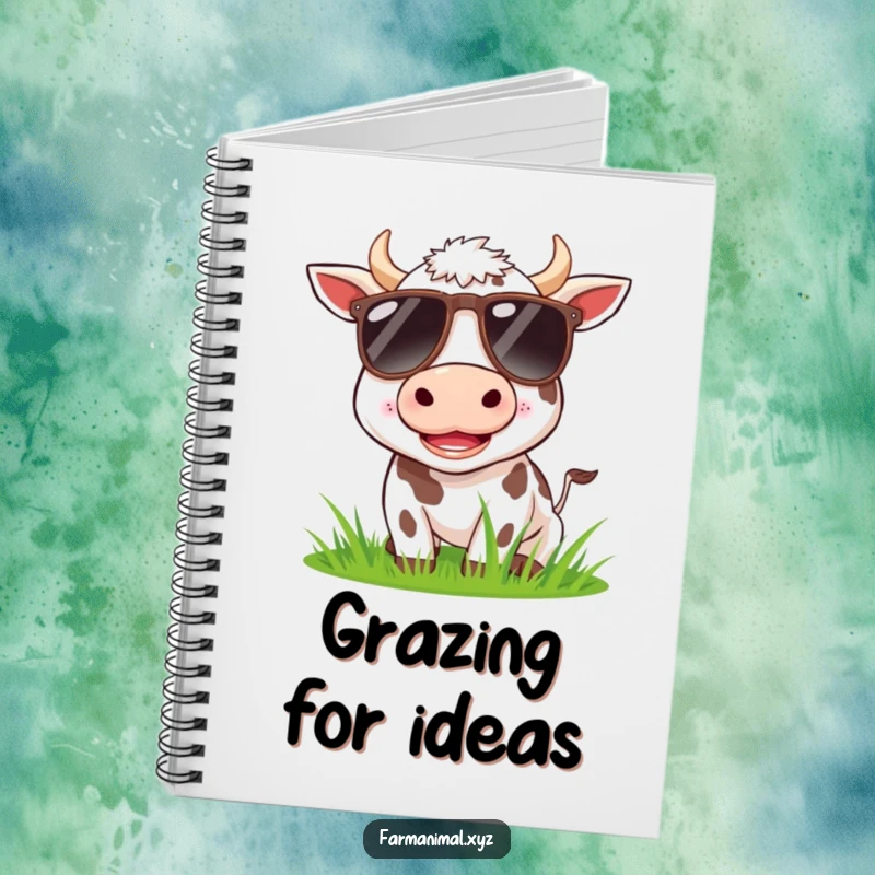 Funny cow wearing sunglasses, happily munching grass on a notebook cover, for funny notes.