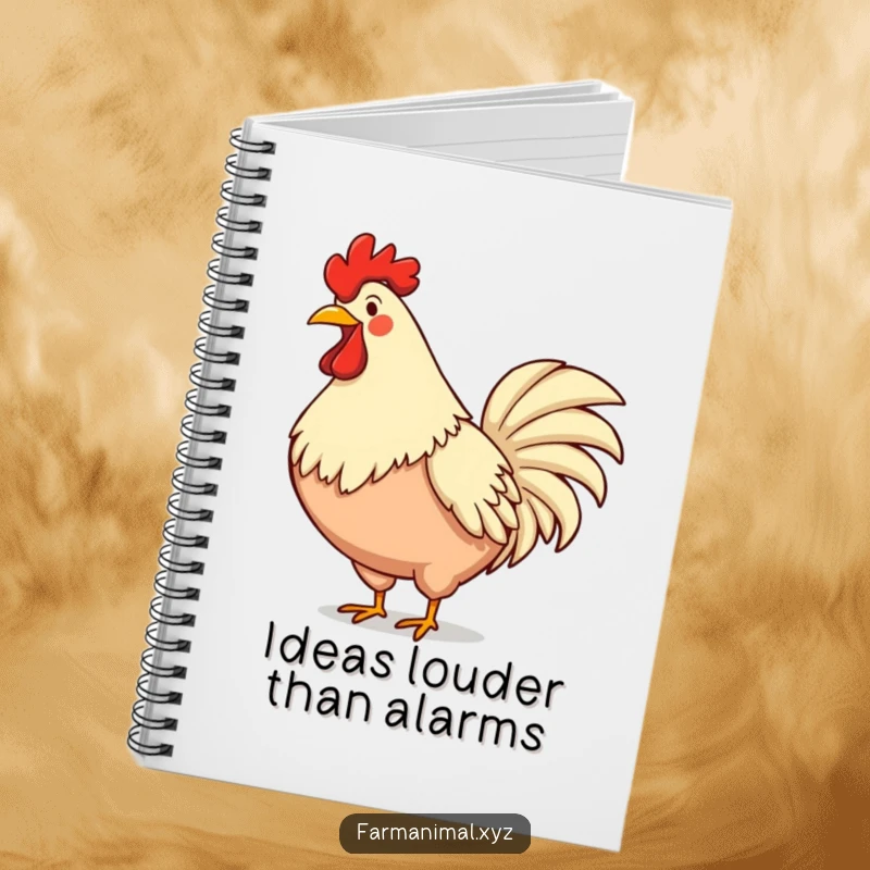 Funny rooster notebook showing a smiling rooster crowing loudly, chest puffed out, inspiring energetic writing and farm-themed notes.