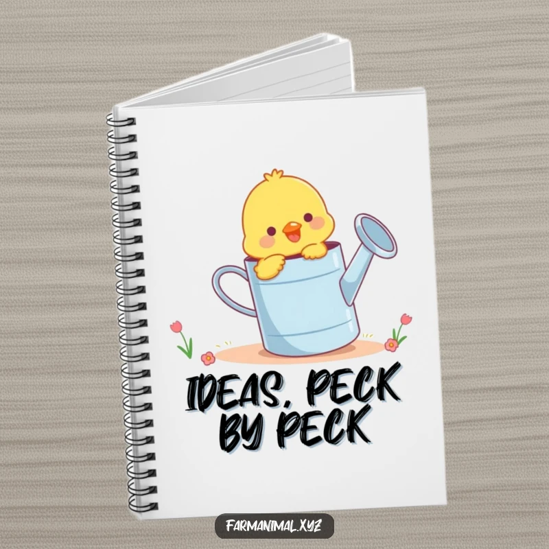 Funny chick pecking playfully at a giant watering can, a cute and humorous notebook for everyday use.