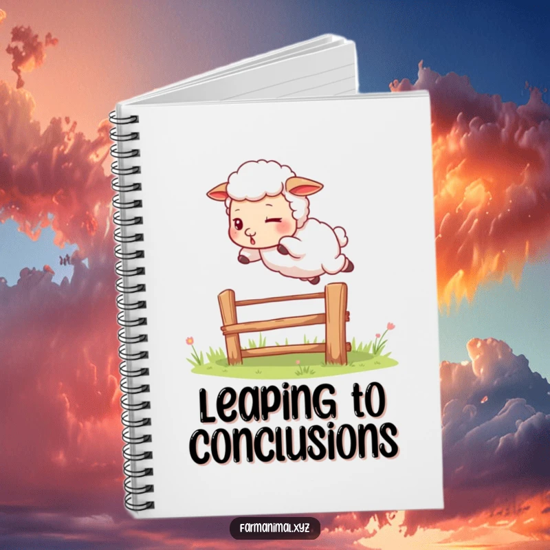 Funny sheep notebook with a determined sheep leaping over a fence, perfect for journaling your goals with a humorous farm theme.