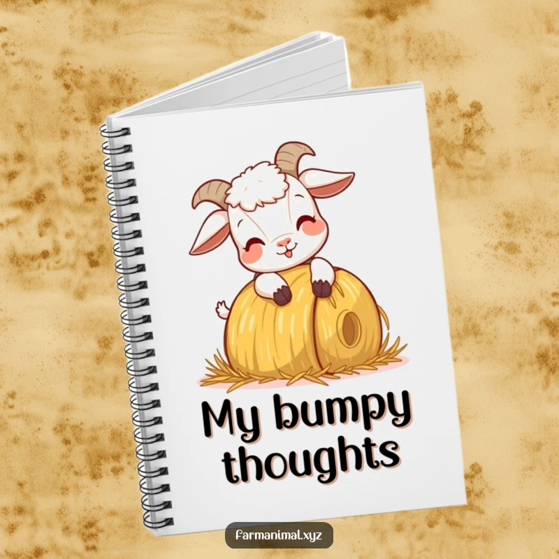 Funny Goat Headbutting Notebook, featuring a goat playfully headbutting a hay bale, inspiring energetic note-taking and farm-themed creativity.