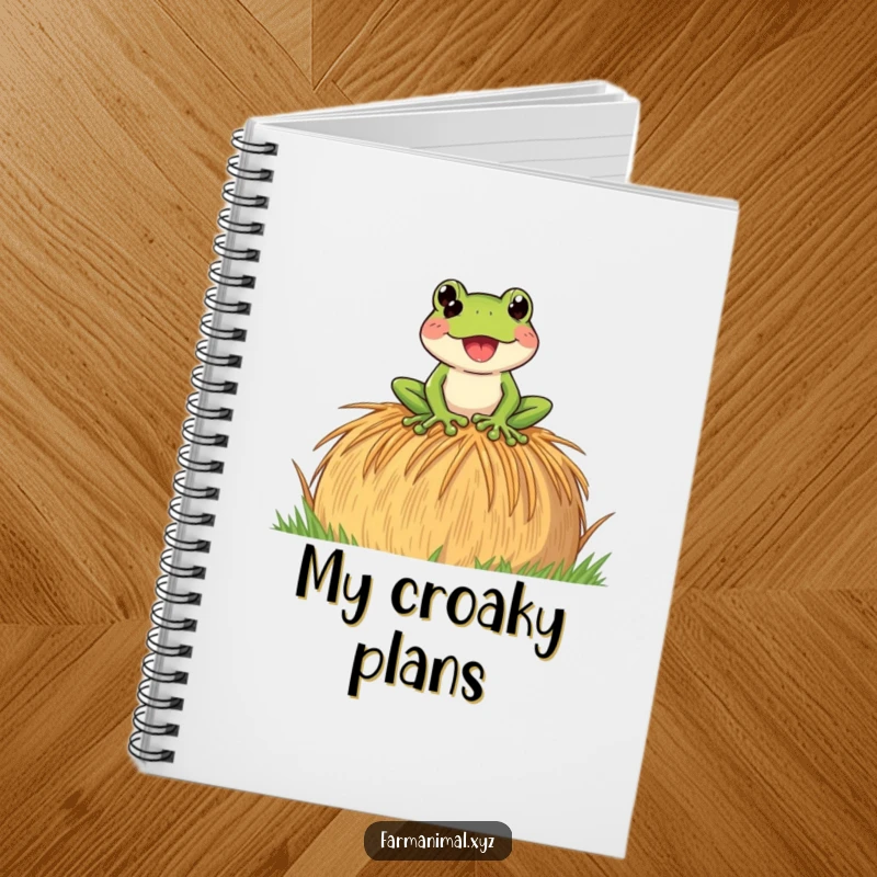Funny Frog Croak Notebook cover art shows a playful frog loudly croaking on a hay bale, ideal for note-taking with a musical theme.