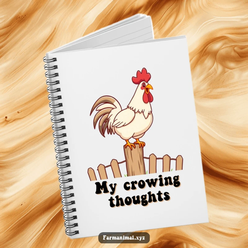 Funny Rooster Crowing Notebook with a happy rooster loudly crowing on top of a fence post, great for writing.