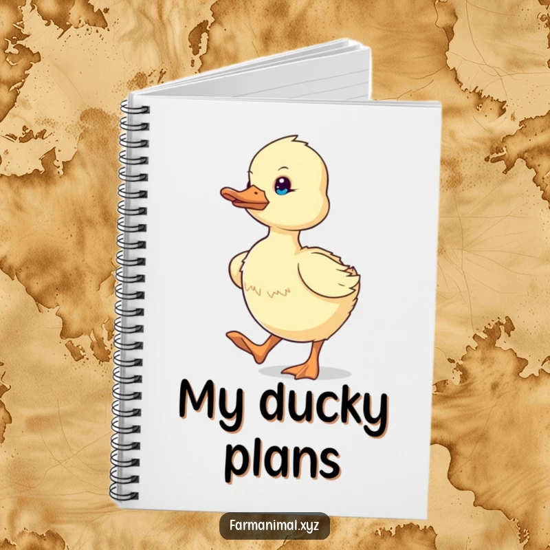 Funny determined duckling waddling with focus on the cover of a notebook, a humorous and practical farm animal stationery item.