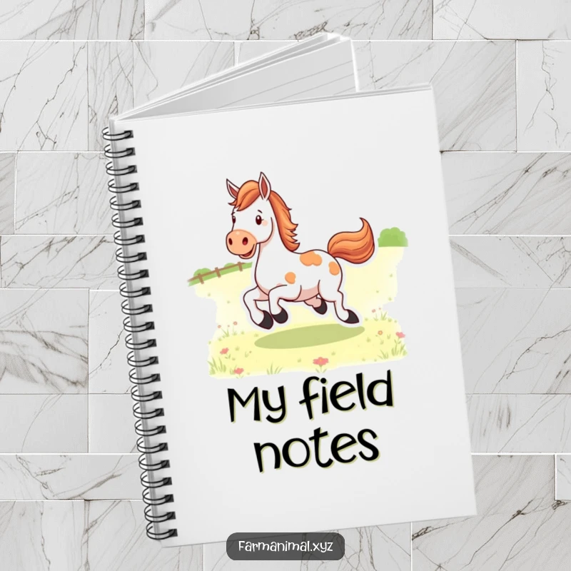 Funny happy horse character kicking its heels in a pasture, a lined notebook for writing and drawing. Inspires freedom.