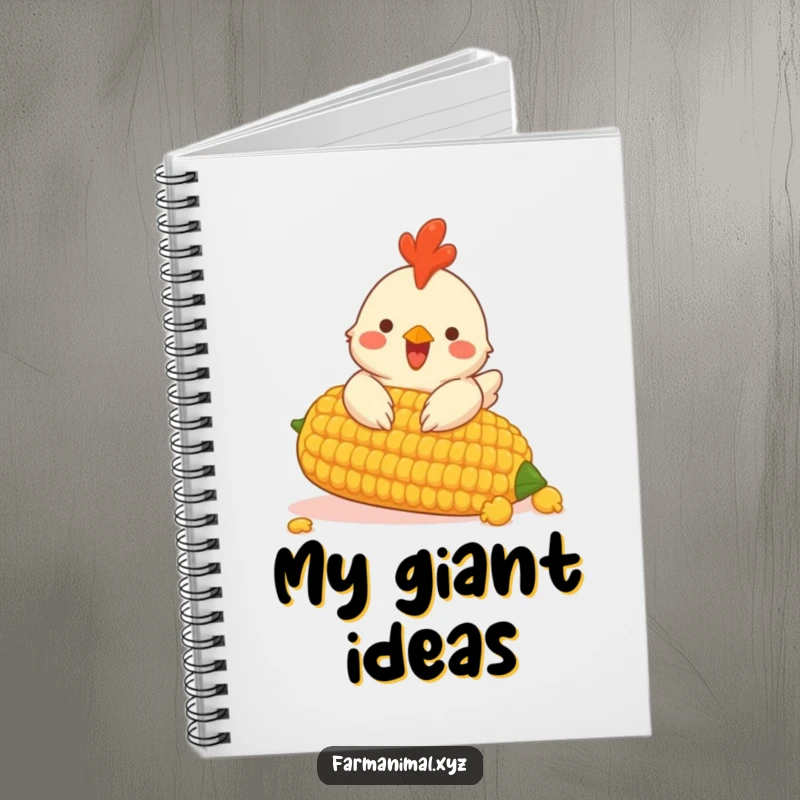 Funny notebook with a cheerful chicken pecking at a giant corn cob, perfect for journaling.