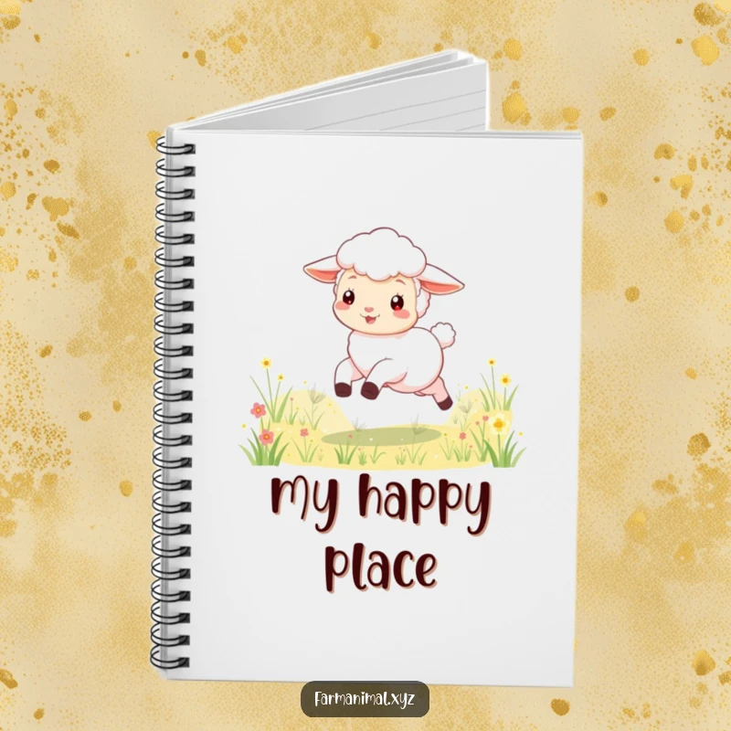 Funny lamb notebook featuring a playful character skipping through a meadow, ideal for capturing notes and ideas with humorous, pastoral charm.