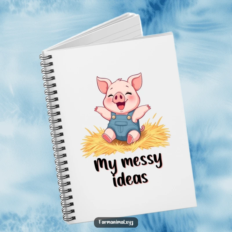 Funny piglet notebook featuring a happy piglet in overalls gleefully rolling in hay, perfect for note-taking.