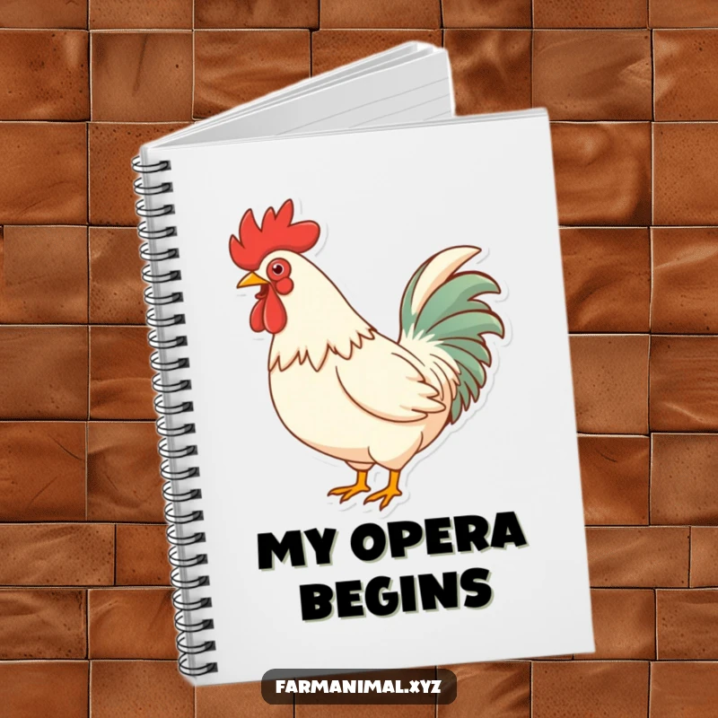Funny Rooster Crowing Notebook, featuring a rooster chest puffed out, poised to crow, inspiring loud thoughts and creative farm-themed note-taking.