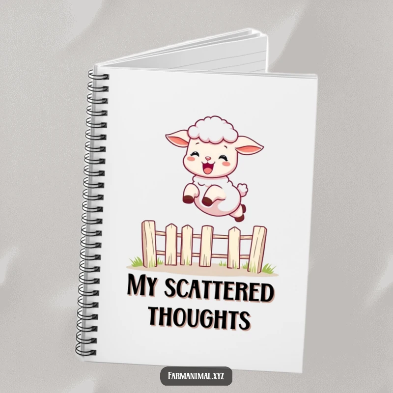 Funny playful lamb leaping over a fence on the cover of a notebook, a humorous and practical farm animal stationery item.