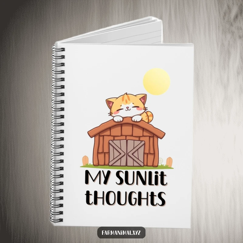 Funny cat notebook with a smiling cat character happily napping on a warm, sunlit barn roof.