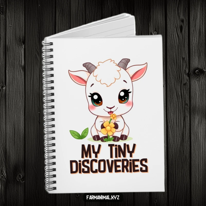 Funny goat notebook featuring a curious goat with wide eyes, nibbling a flower, perfect for journaling thoughts.