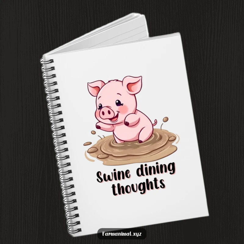 Funny notebook cover with a happy pig splashing in a mud puddle, perfect for journaling and jotting down fun ideas.