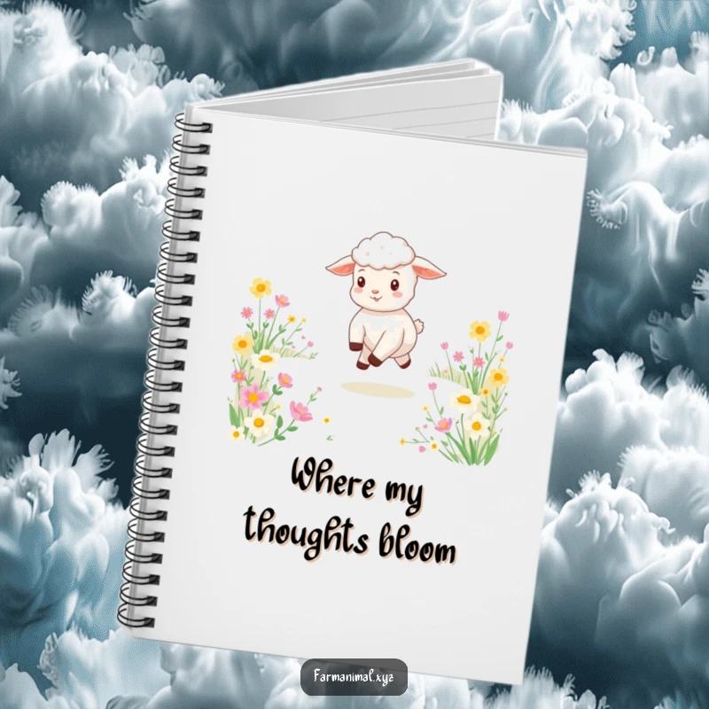 Funny notebook cover showing a cute lamb skipping joyfully through a field of flowers, perfect for journaling and creative writing.
