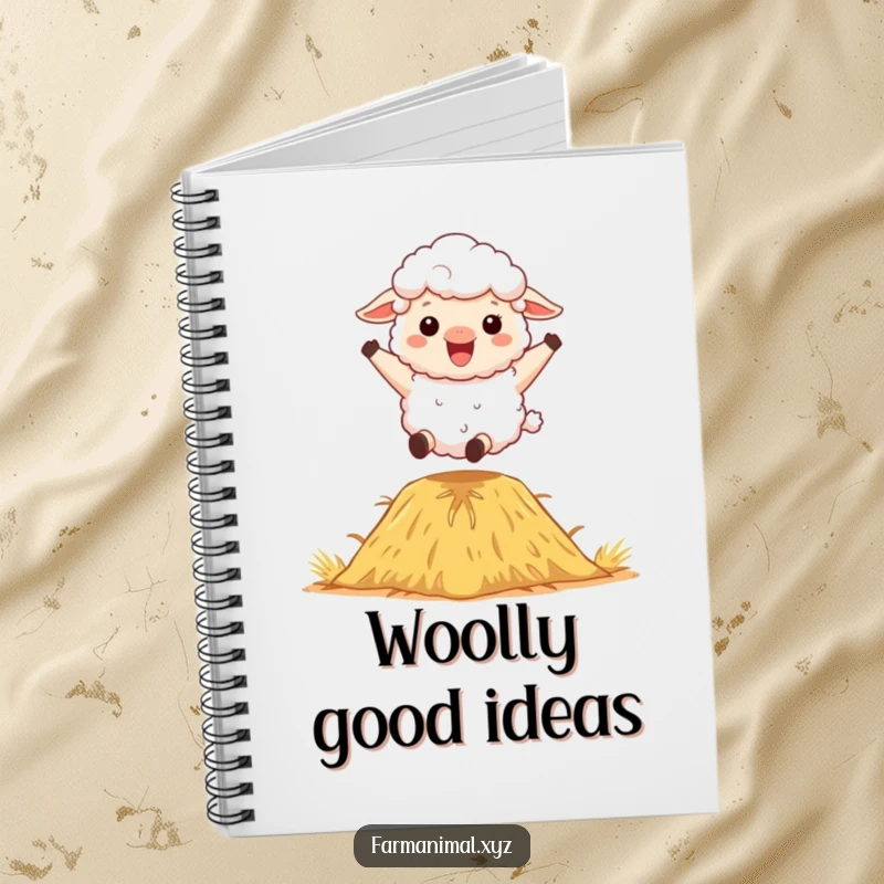 Funny Sheep Notebook: A fluffy sheep character energetically bouncing on a haystack, ideal for capturing notes.
