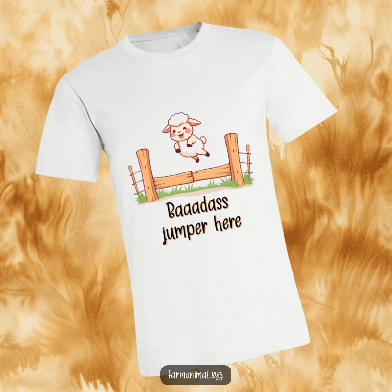 Funny t-shirt depicting a giggling sheep mid-leap, clearing a fence with determination and joy.