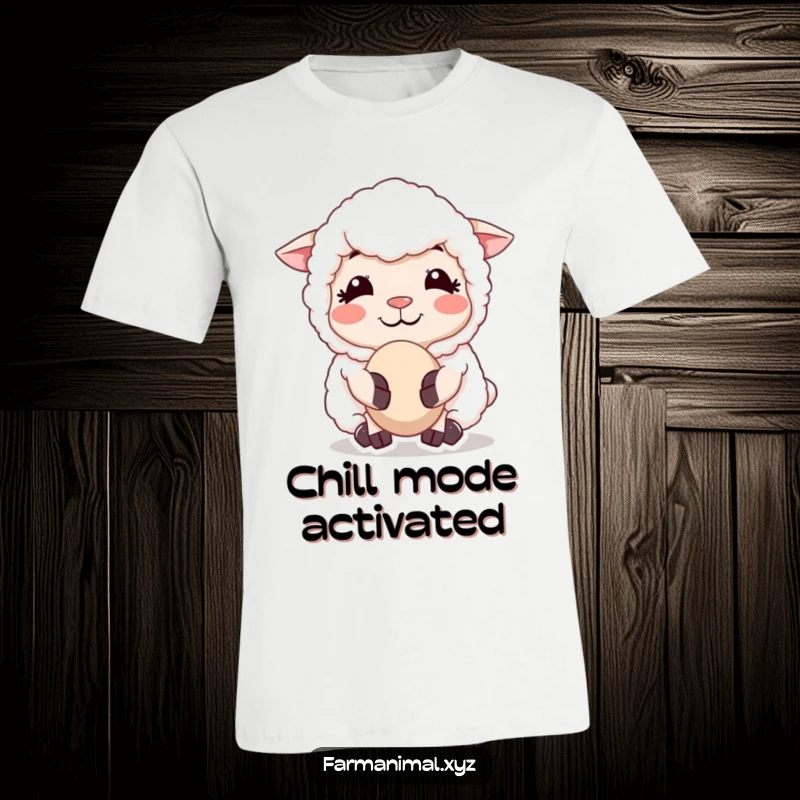 Funny Sheep Chewing Cud T-Shirt, depicting a sheep with a serene smile, peacefully chewing, radiating a sense of calm and gentle farm humor.