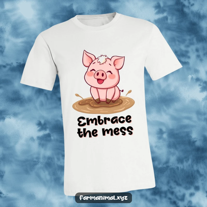 Funny Happy Pig Mud T-Shirt depicting a contented pig joyfully wallowing in a mud puddle, celebrating messy fun.